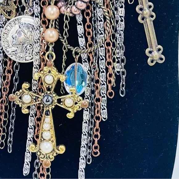 Treska Artisan Necklace Statement NEW Cross Coin Beaded Multicolored Funky Boho - Picture 10 of 14